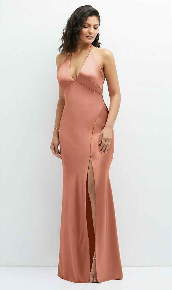 Front View - Copper Penny Plunge Halter Open-Back Maxi Bias Dress with Low Tie Back