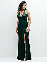 Front View Thumbnail - Evergreen Plunge Halter Open-Back Maxi Bias Dress with Low Tie Back