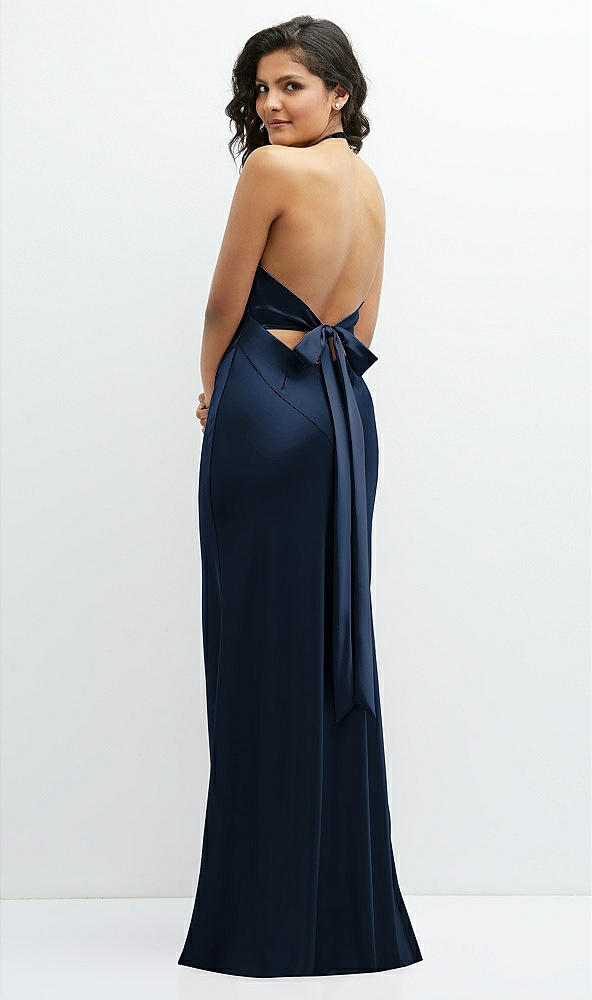 Back View - Midnight Navy Plunge Halter Open-Back Maxi Bias Dress with Low Tie Back