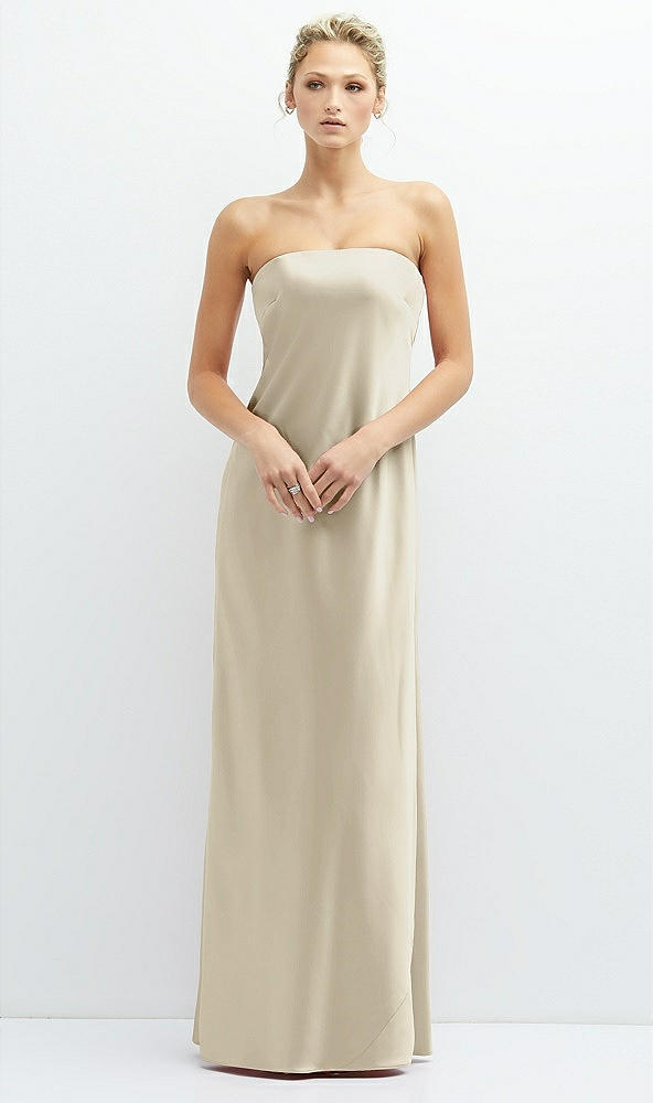 Front View - Champagne Strapless Maxi Bias Column Dress with Peek-a-Boo Corset Back