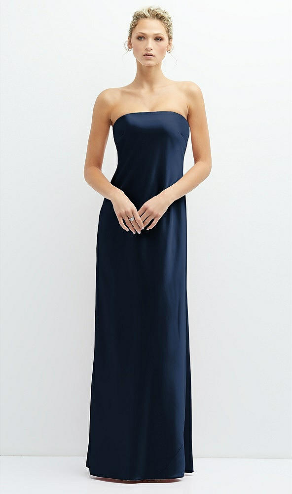 Front View - Midnight Navy Strapless Maxi Bias Column Dress with Peek-a-Boo Corset Back