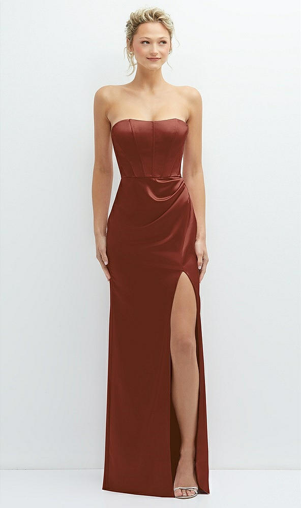 Front View - Auburn Moon Strapless Topstitched Corset Satin Maxi Dress with Draped Column Skirt