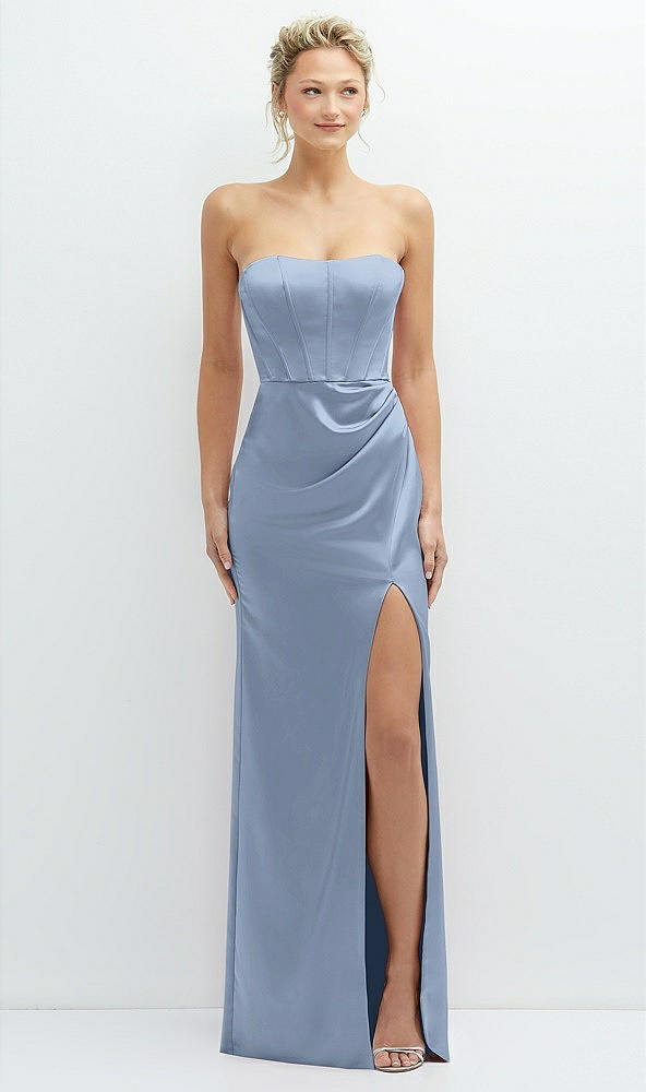 Front View - Cloudy Strapless Topstitched Corset Satin Maxi Dress with Draped Column Skirt