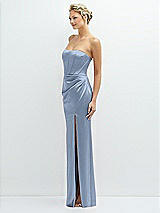 Side View Thumbnail - Cloudy Strapless Topstitched Corset Satin Maxi Dress with Draped Column Skirt