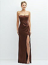 Front View Thumbnail - Cognac Strapless Topstitched Corset Satin Maxi Dress with Draped Column Skirt