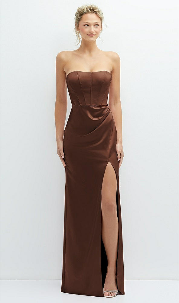 Front View - Cognac Strapless Topstitched Corset Satin Maxi Dress with Draped Column Skirt