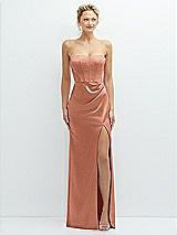 Front View Thumbnail - Copper Penny Strapless Topstitched Corset Satin Maxi Dress with Draped Column Skirt
