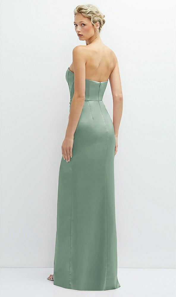 Back View - Seagrass Strapless Topstitched Corset Satin Maxi Dress with Draped Column Skirt