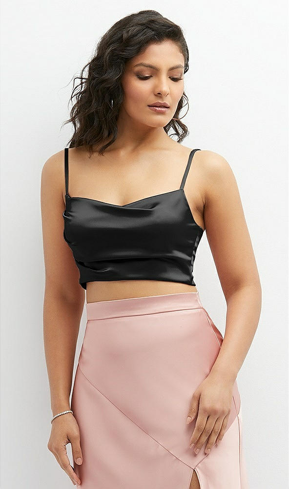 Front View - Black Satin Mix-and-Match Draped Midriff Top