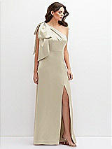 Front View Thumbnail - Champagne One-Shoulder Satin Maxi Dress with Chic Oversized Shoulder Bow