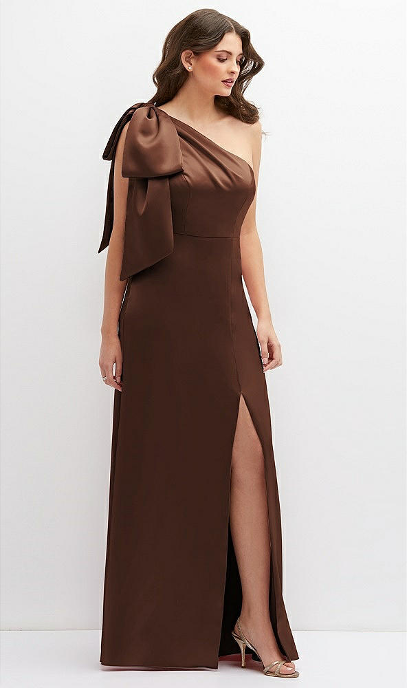 Front View - Cognac One-Shoulder Satin Maxi Dress with Chic Oversized Shoulder Bow