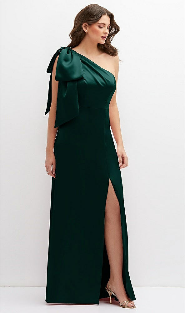 Front View - Evergreen One-Shoulder Satin Maxi Dress with Chic Oversized Shoulder Bow