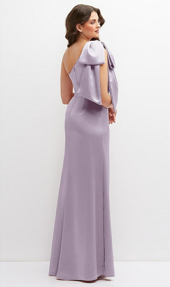 Back View - Lilac Haze One-Shoulder Satin Maxi Dress with Chic Oversized Shoulder Bow