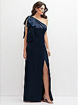 Front View Thumbnail - Midnight Navy One-Shoulder Satin Maxi Dress with Chic Oversized Shoulder Bow