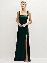 Front View Thumbnail - Evergreen Square-Neck Satin A-line Maxi Dress with Front Slit