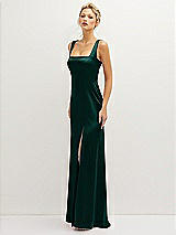 Side View Thumbnail - Evergreen Square-Neck Satin A-line Maxi Dress with Front Slit