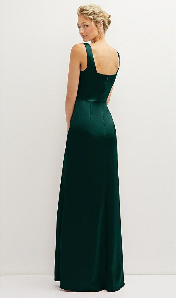 Back View - Evergreen Square-Neck Satin A-line Maxi Dress with Front Slit