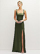 Front View Thumbnail - Olive Green Square-Neck Satin A-line Maxi Dress with Front Slit