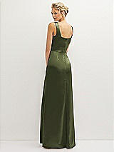 Rear View Thumbnail - Olive Green Square-Neck Satin A-line Maxi Dress with Front Slit