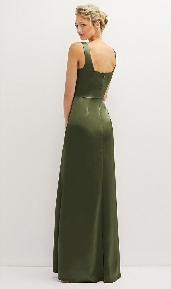 Back View - Olive Green Square-Neck Satin A-line Maxi Dress with Front Slit
