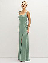 Side View Thumbnail - Seagrass Square-Neck Satin A-line Maxi Dress with Front Slit