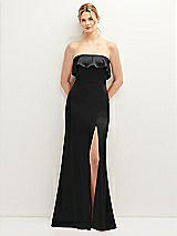 Front View Thumbnail - Black Soft Ruffle Cuff Strapless Trumpet Dress with Front Slit