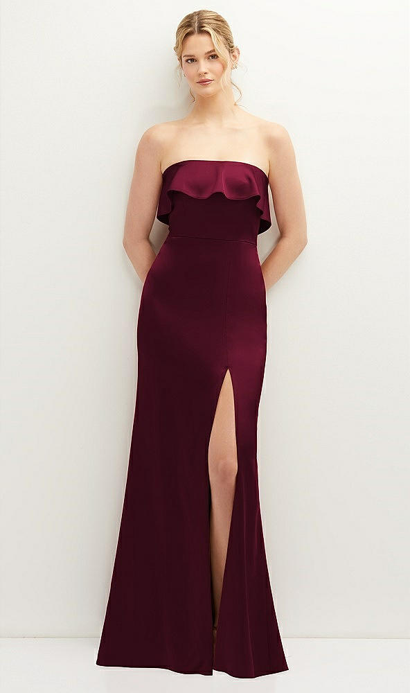 Front View - Cabernet Soft Ruffle Cuff Strapless Trumpet Dress with Front Slit