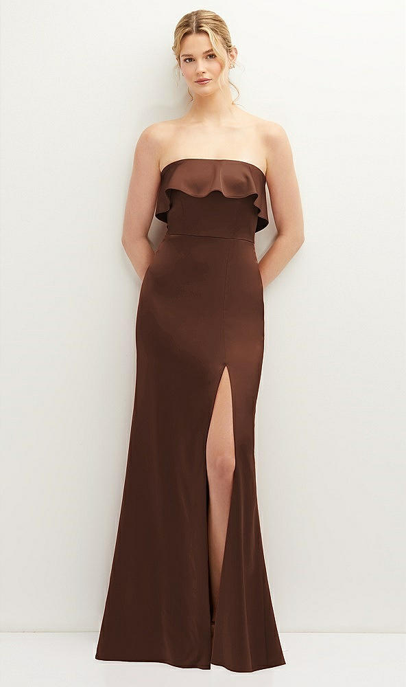 Front View - Cognac Soft Ruffle Cuff Strapless Trumpet Dress with Front Slit