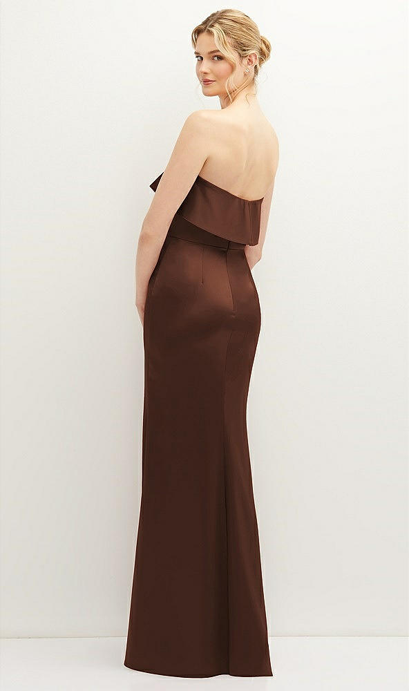 Back View - Cognac Soft Ruffle Cuff Strapless Trumpet Dress with Front Slit