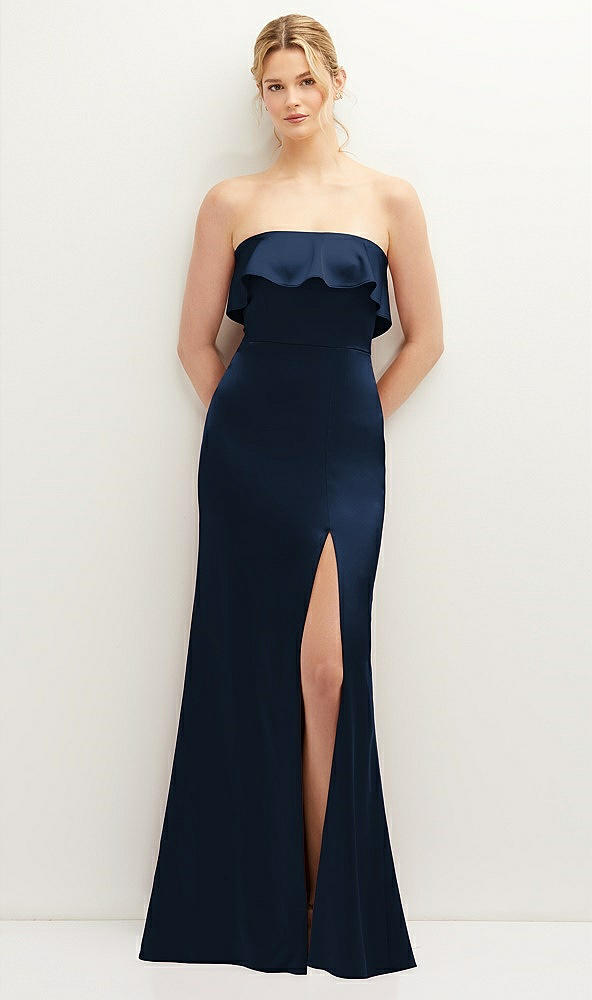 Front View - Midnight Navy Soft Ruffle Cuff Strapless Trumpet Dress with Front Slit
