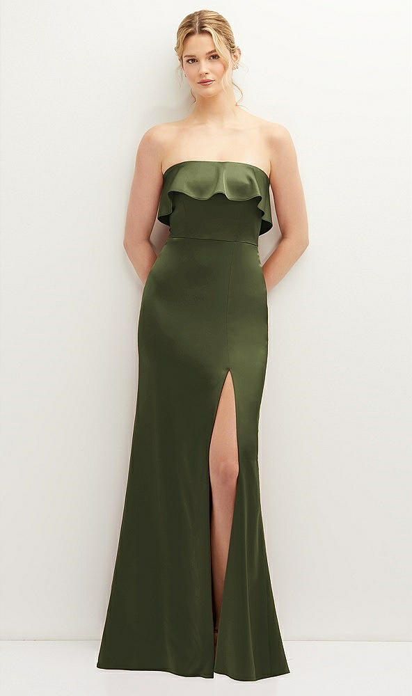 Front View - Olive Green Soft Ruffle Cuff Strapless Trumpet Dress with Front Slit