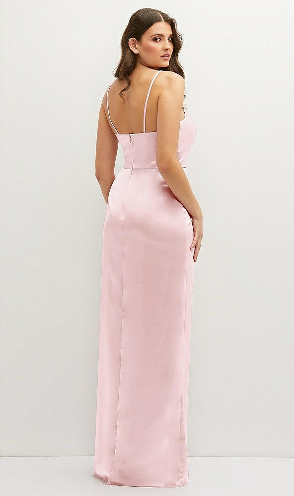 Back View - Ballet Pink Asymmetrical Draped Pleat Wrap Satin Maxi Dress