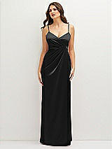 Front View Thumbnail - Black Asymmetrical Draped Pleat Wrap Satin Maxi Dress