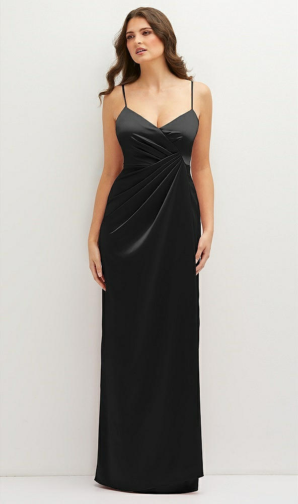 Front View - Black Asymmetrical Draped Pleat Wrap Satin Maxi Dress
