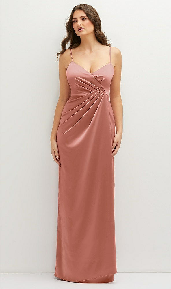 Front View - Desert Rose Asymmetrical Draped Pleat Wrap Satin Maxi Dress