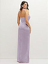 Rear View Thumbnail - Lilac Haze Asymmetrical Draped Pleat Wrap Satin Maxi Dress
