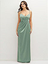 Front View Thumbnail - Seagrass Asymmetrical Draped Pleat Wrap Satin Maxi Dress