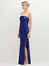 Side View Thumbnail - Cobalt Blue Strapless Pull-On Satin Column Dress with Side Seam Slit