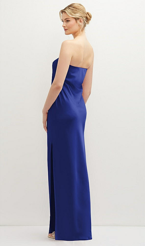 Back View - Cobalt Blue Strapless Pull-On Satin Column Dress with Side Seam Slit