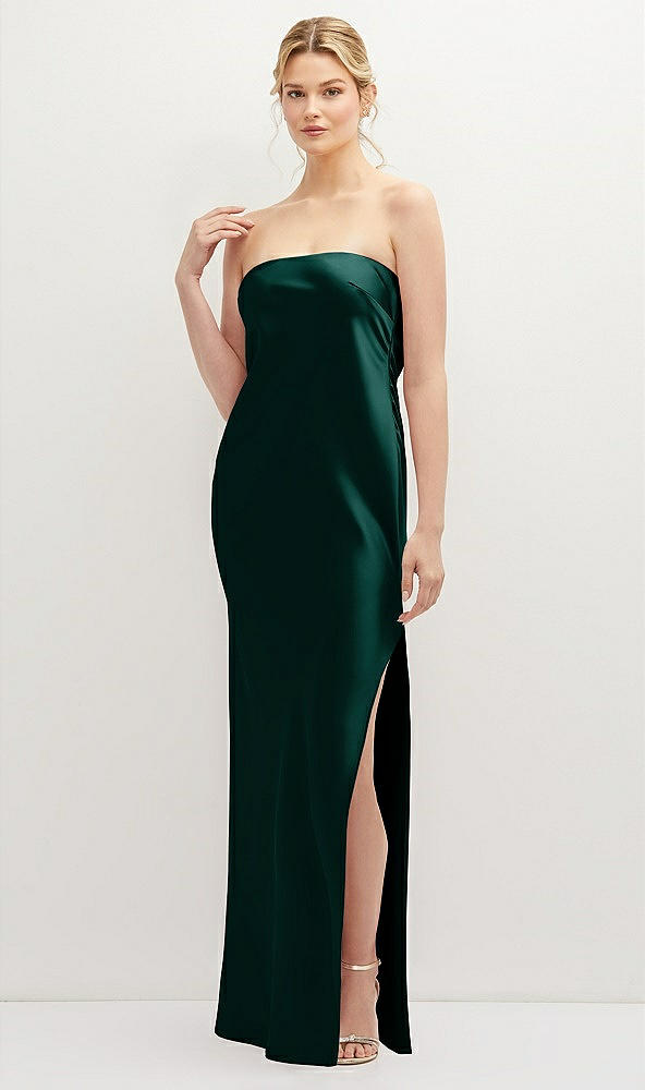 Front View - Evergreen Strapless Pull-On Satin Column Dress with Side Seam Slit