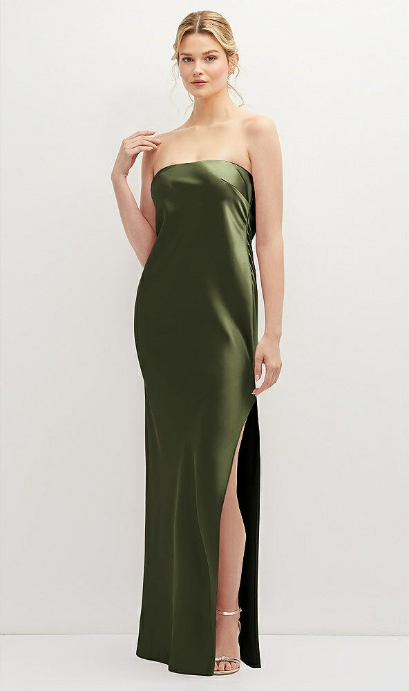 Front View - Olive Green Strapless Pull-On Satin Column Dress with Side Seam Slit