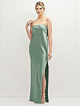 Front View Thumbnail - Seagrass Strapless Pull-On Satin Column Dress with Side Seam Slit