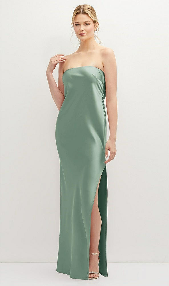Front View - Seagrass Strapless Pull-On Satin Column Dress with Side Seam Slit