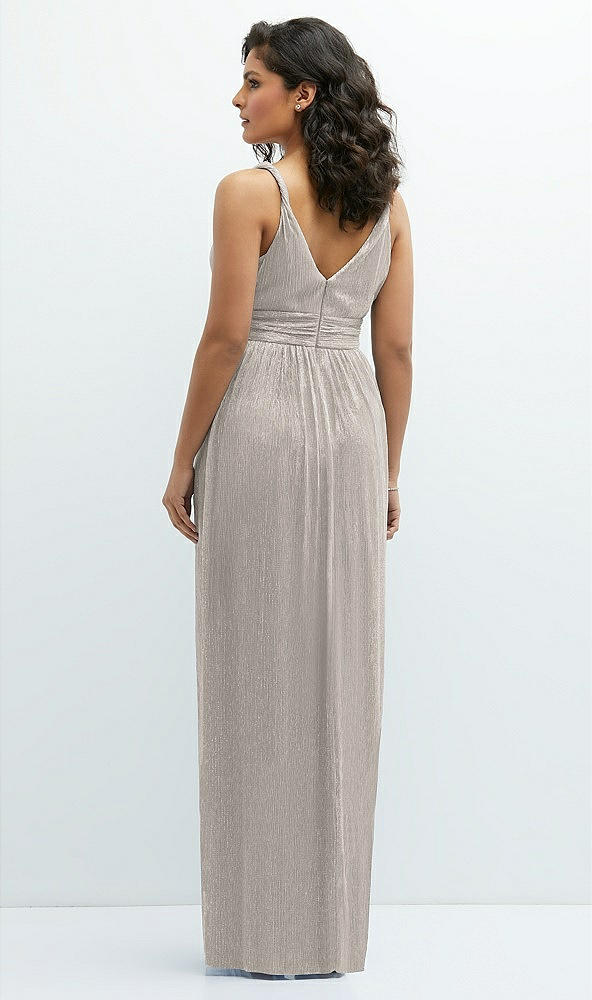 Back View - Metallic Taupe Plunge V-Neck Metallic Pleated Maxi Dress with Twist Straps