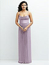 Front View Thumbnail - Metallic Lilac Haze Soft Cowl Neck Metallic Pleated Maxi Dress with Convertible Tie Straps