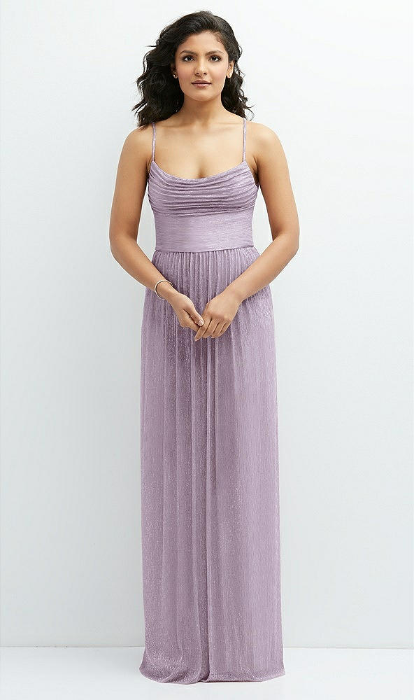 Front View - Metallic Lilac Haze Soft Cowl Neck Metallic Pleated Maxi Dress with Convertible Tie Straps