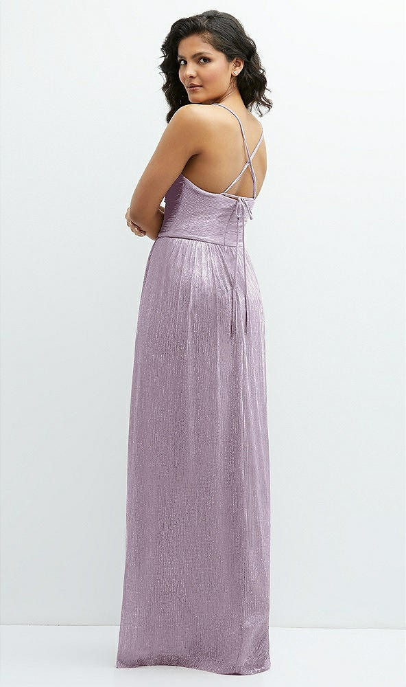 Back View - Metallic Lilac Haze Soft Cowl Neck Metallic Pleated Maxi Dress with Convertible Tie Straps