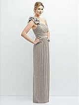 Side View Thumbnail - Metallic Taupe Dramatic Ruffle Edge One-Shoulder Metallic Pleated Maxi Dress