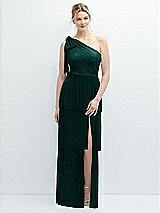 Front View Thumbnail - Metallic Evergreen Tiered Skirt Metallic Pleated One-Shoulder Bow Dress