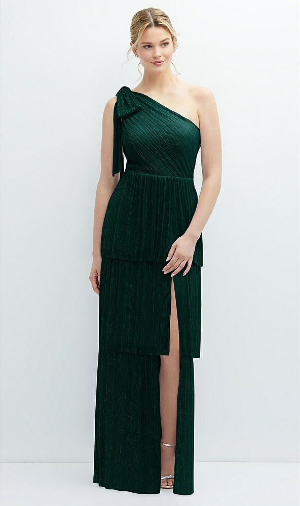 Front View - Metallic Evergreen Tiered Skirt Metallic Pleated One-Shoulder Bow Dress